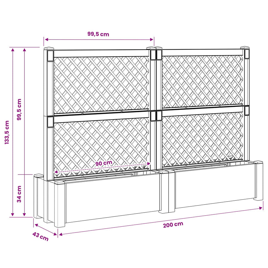 Grote planter met trellis 2 pcs Grijs 200 x 43 x 133,5 cm PP