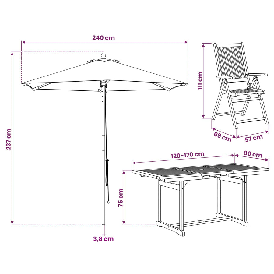 Buiten Eetset met Parasol 6 st Crème Wit en Natuurlijk
