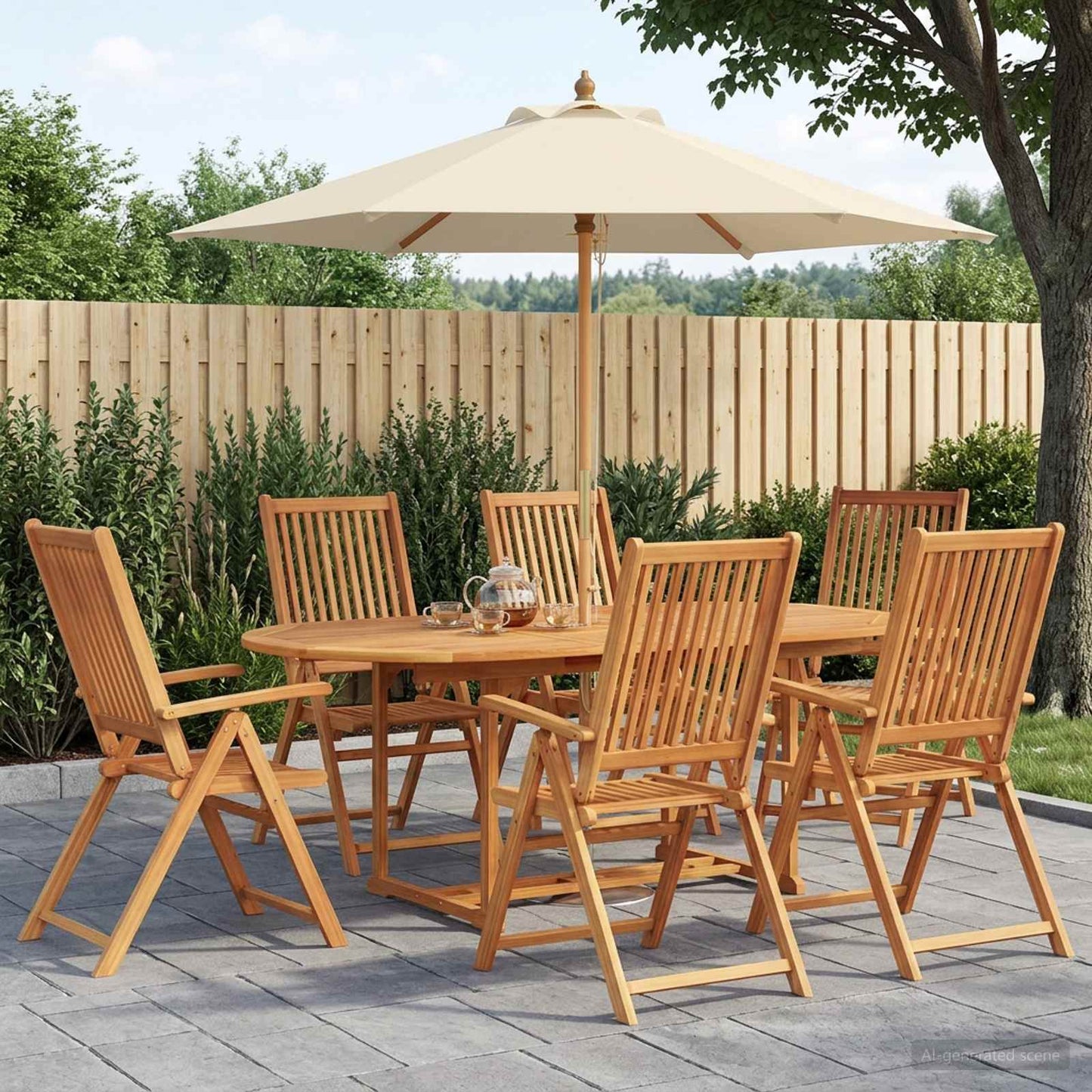 Buiten Eetset met Parasol 8 st Crème Wit en Natuurlijk