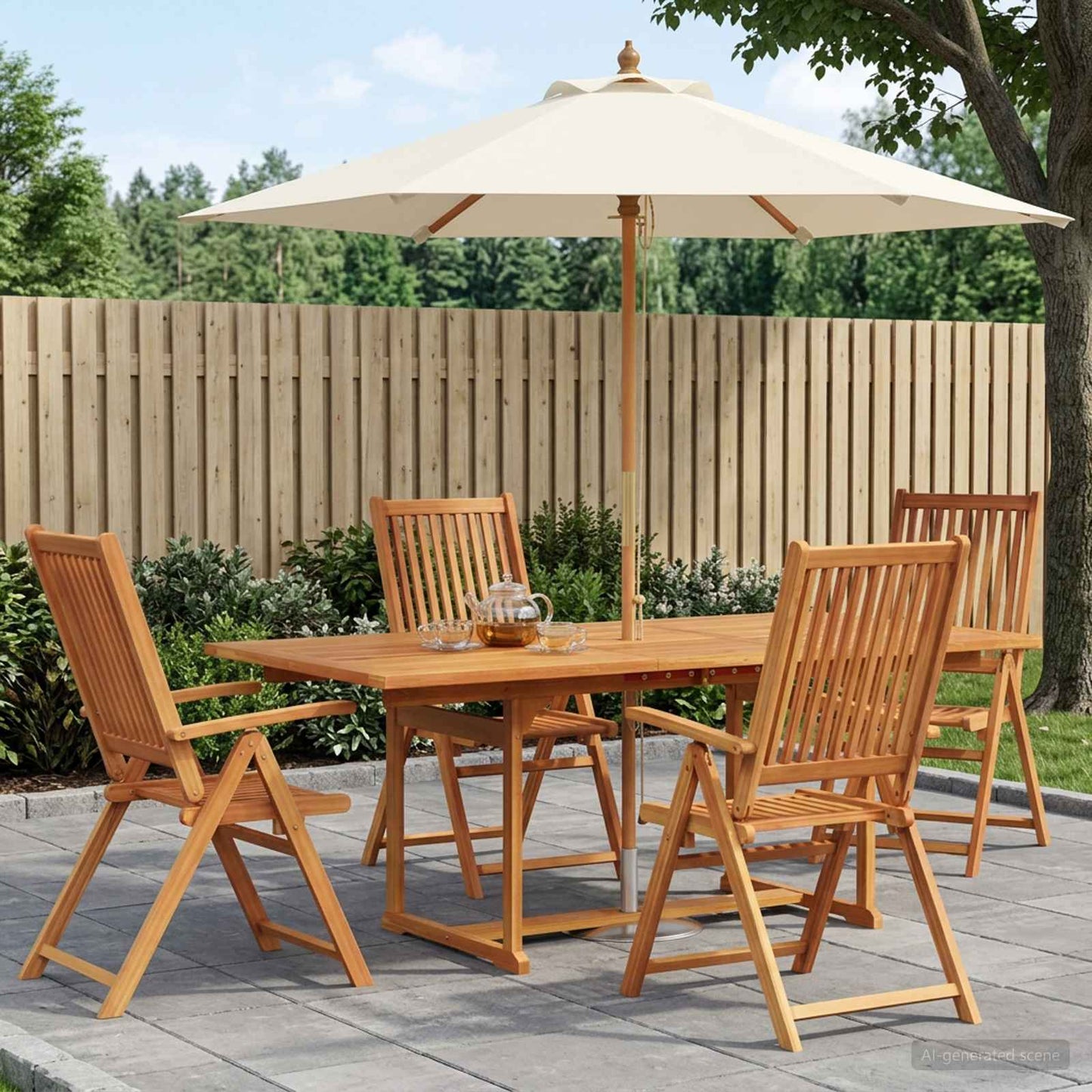 Buiten Eetset met Parasol 6 st Crème Wit en Natuurlijk