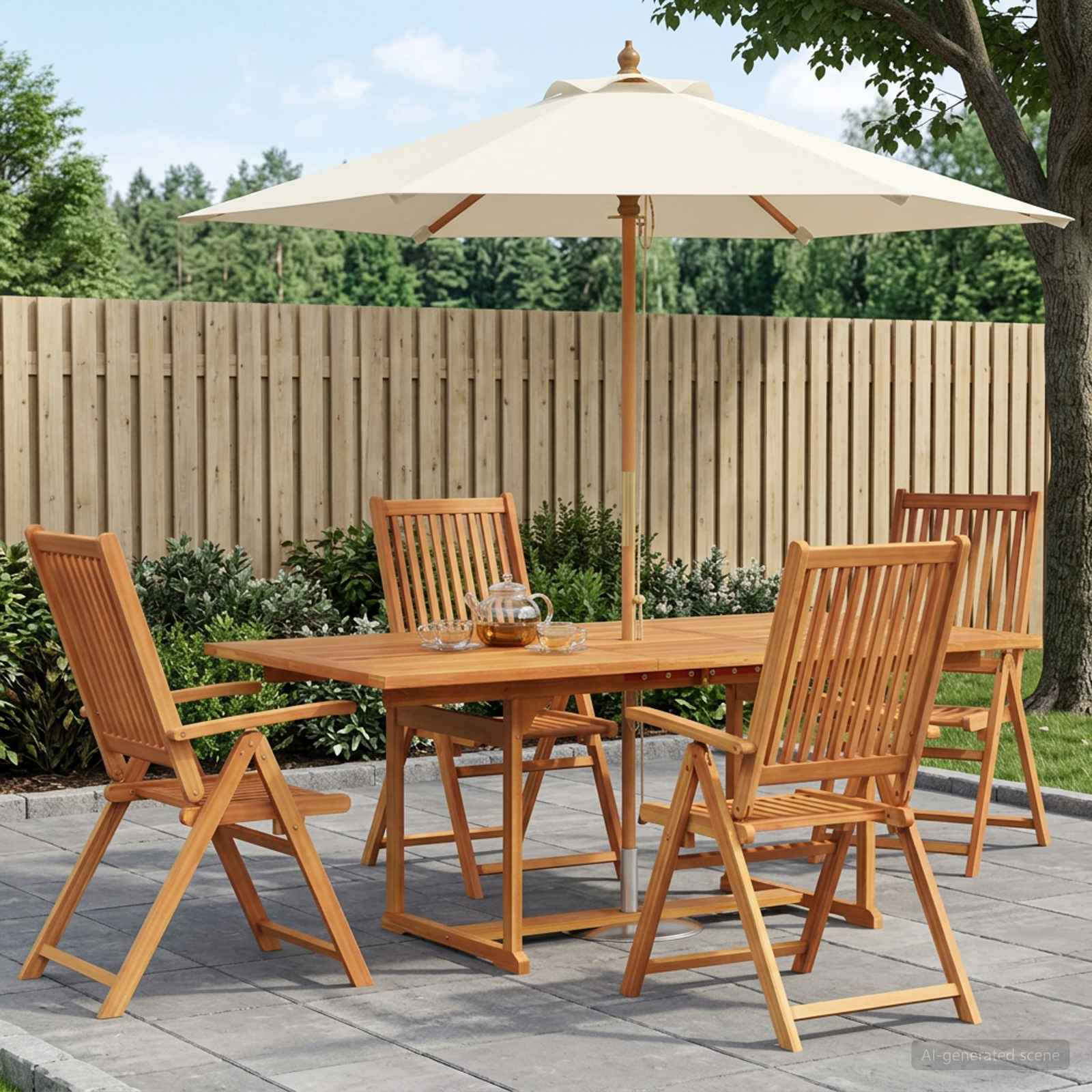 Buiten Eetset met Parasol 6 st Crème Wit en Natuurlijk