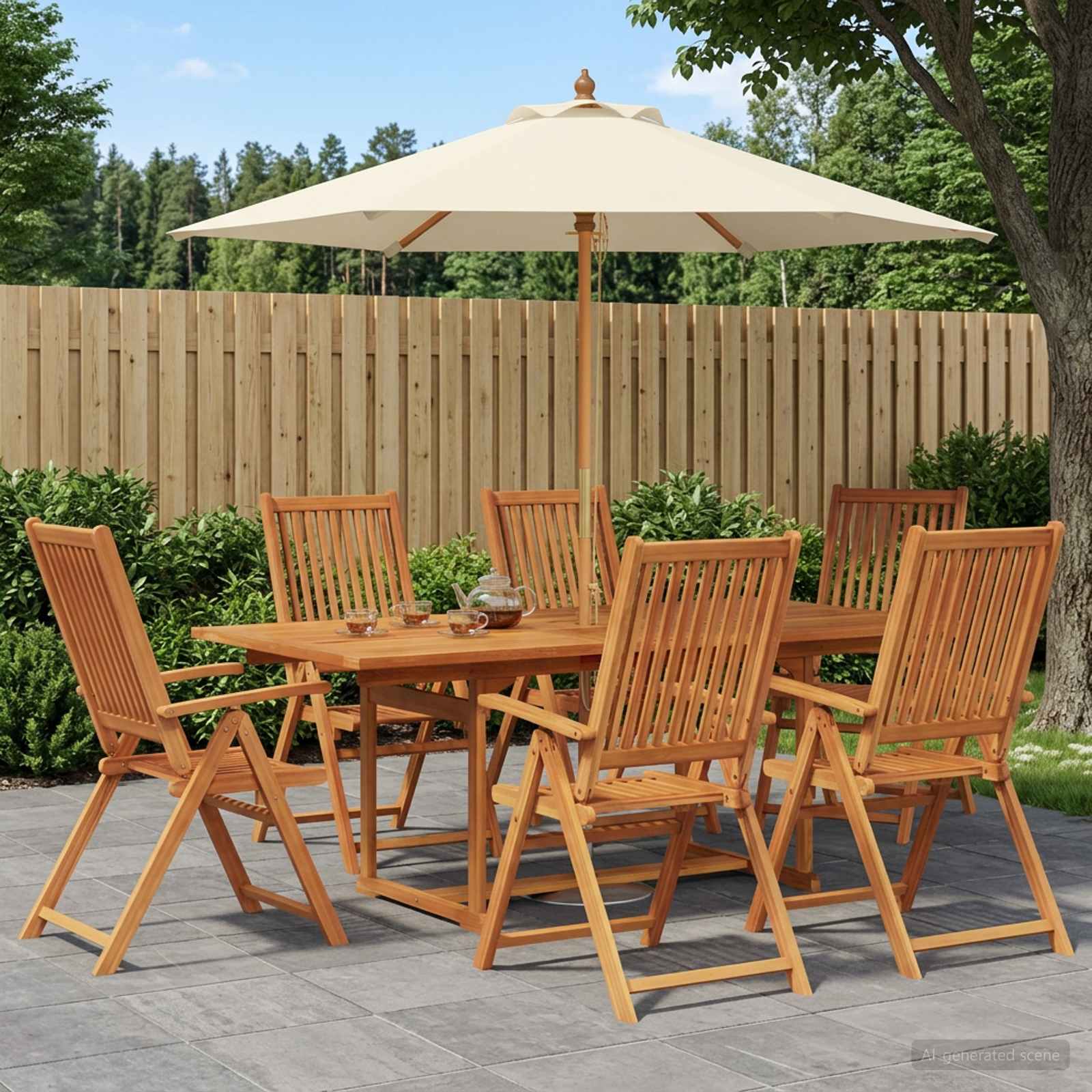 Buiten Eetset met Parasol 8 st Crème Wit en Natuurlijk