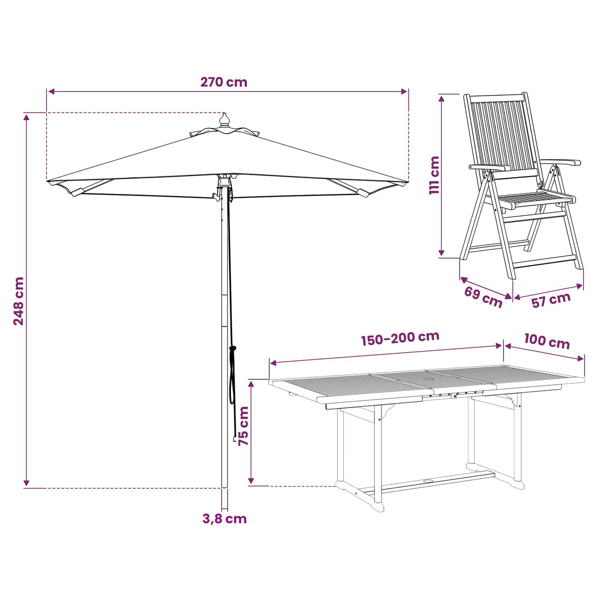 Buiten Eetset met Parasol 8 st Crème Wit en Natuurlijk