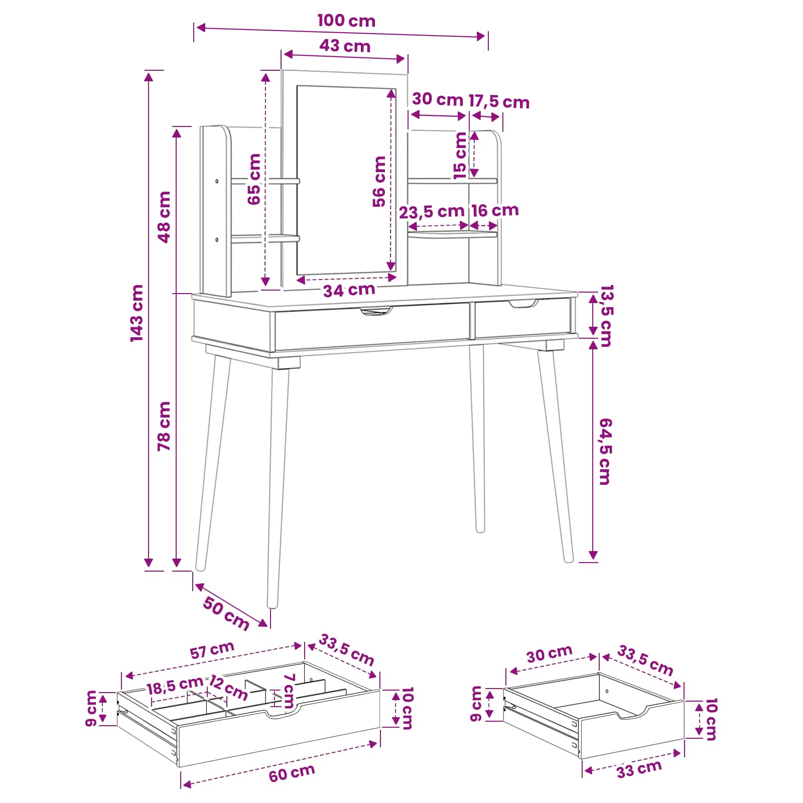 Toilettafel Set FAUSKE 4 pcs Wit 100 x 50 x 143 cm