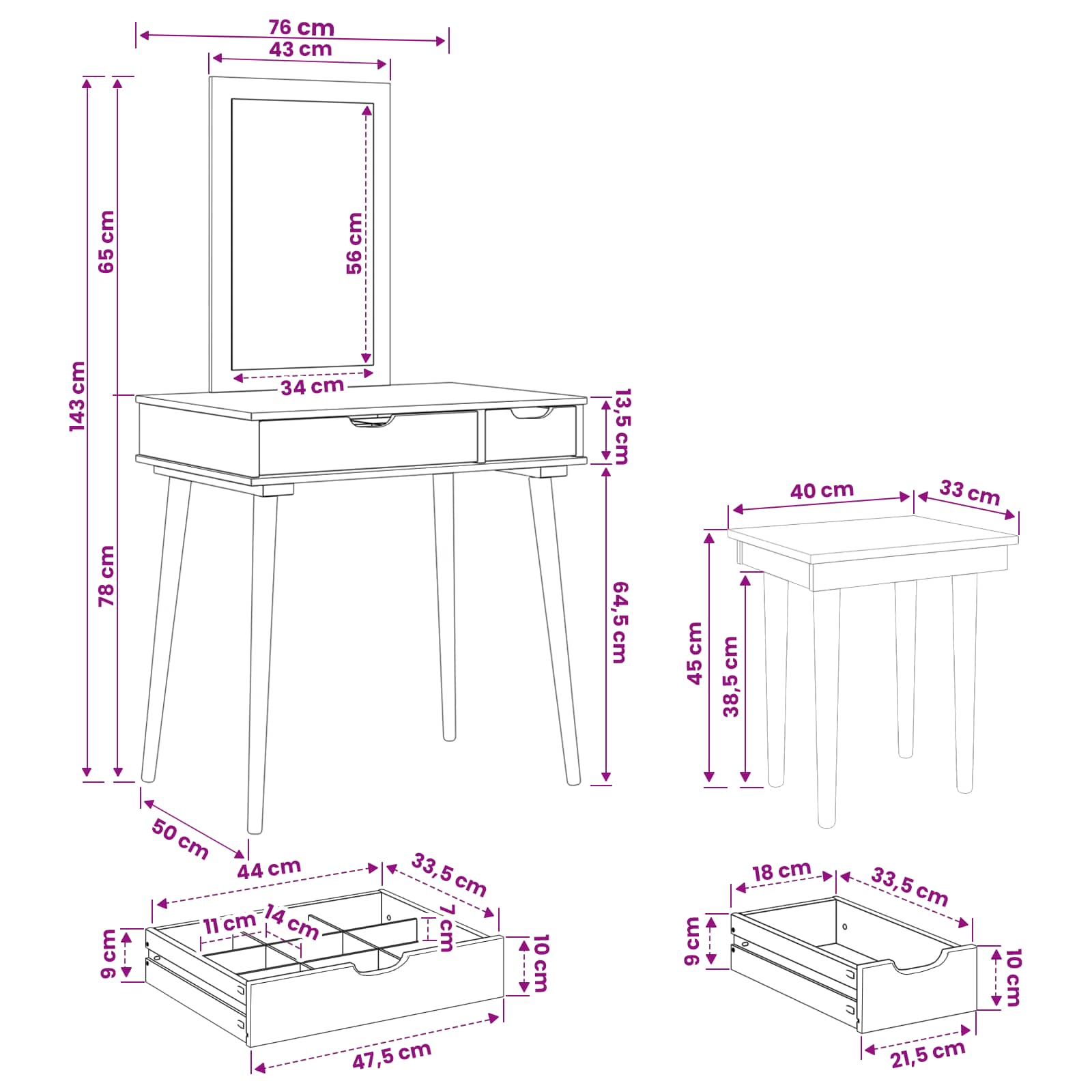 Toilettafel Set FAUSKE 3 pcs Wit 76 x 50 x 143 cm