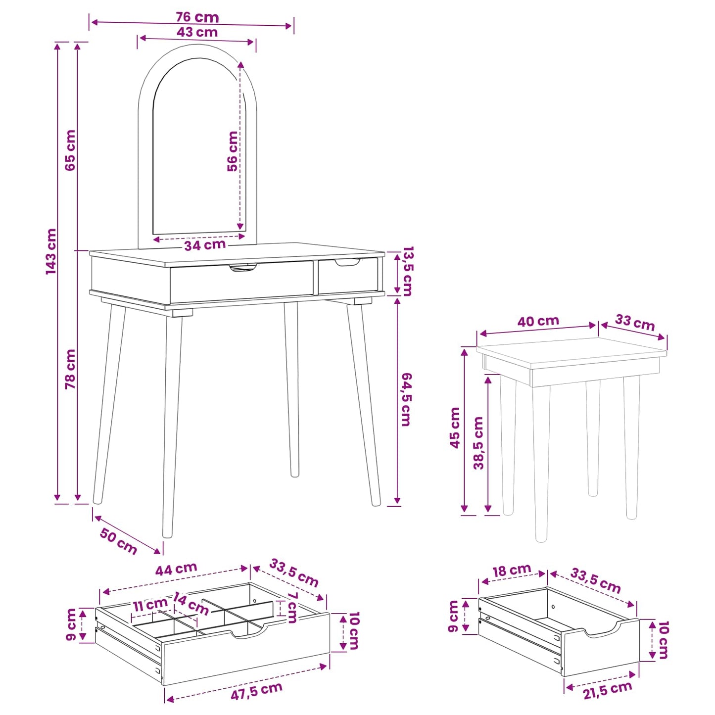 Toilettafel Set FAUSKE 3 pcs Wit 76 x 50 x 143 cm