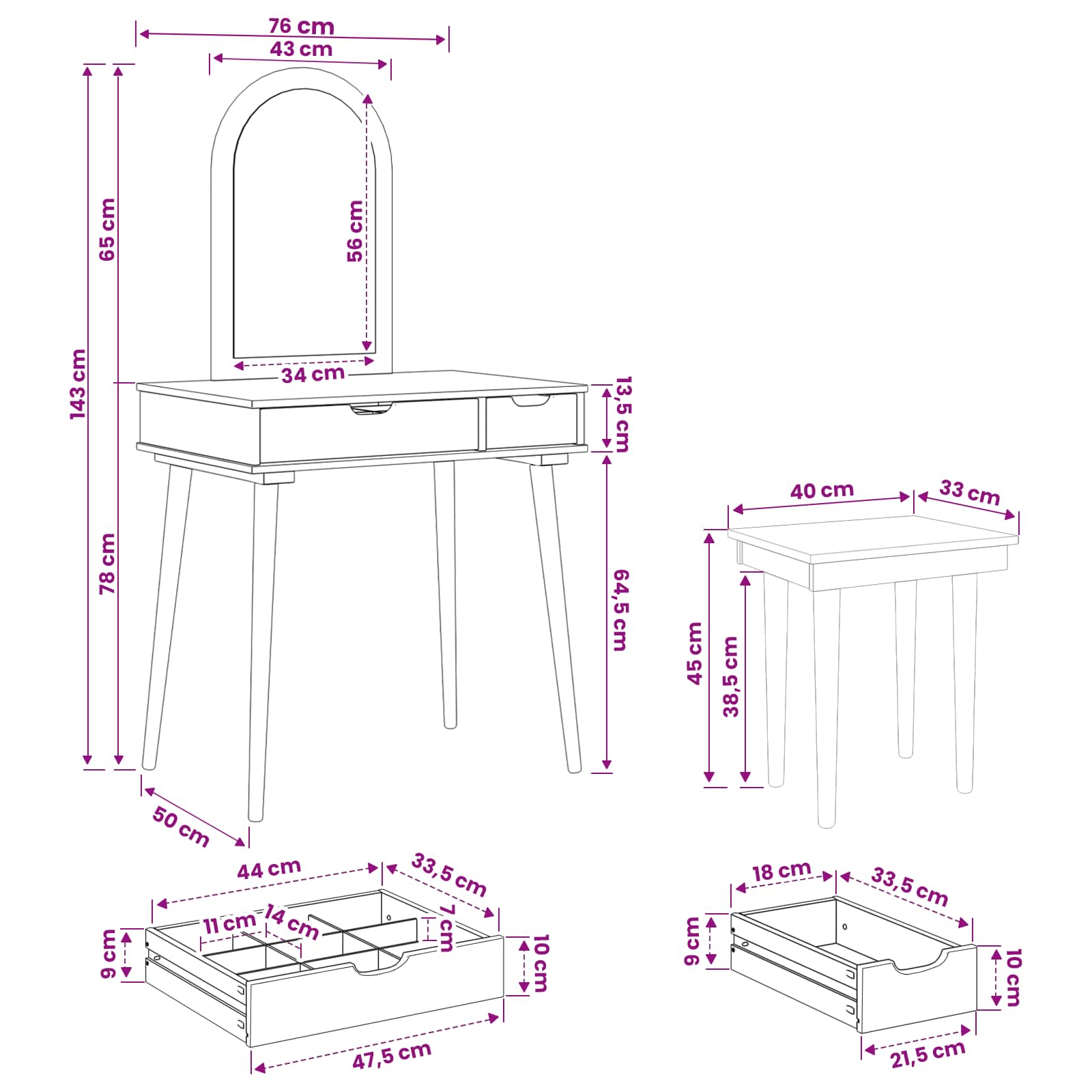 Toilettafel Set FAUSKE 3 pcs Wit 76 x 50 x 143 cm