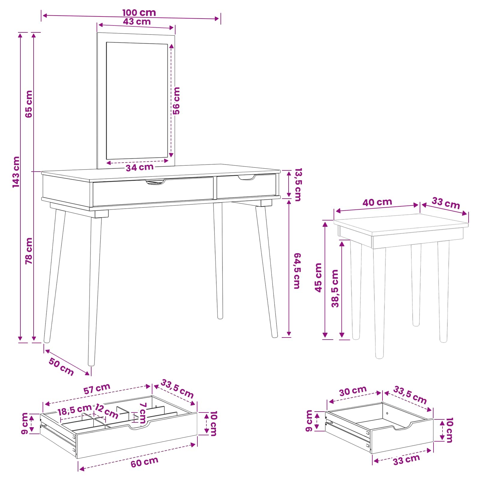 Toilettafel Set FAUSKE 3 pcs Wit 100 x 50 x 143 cm