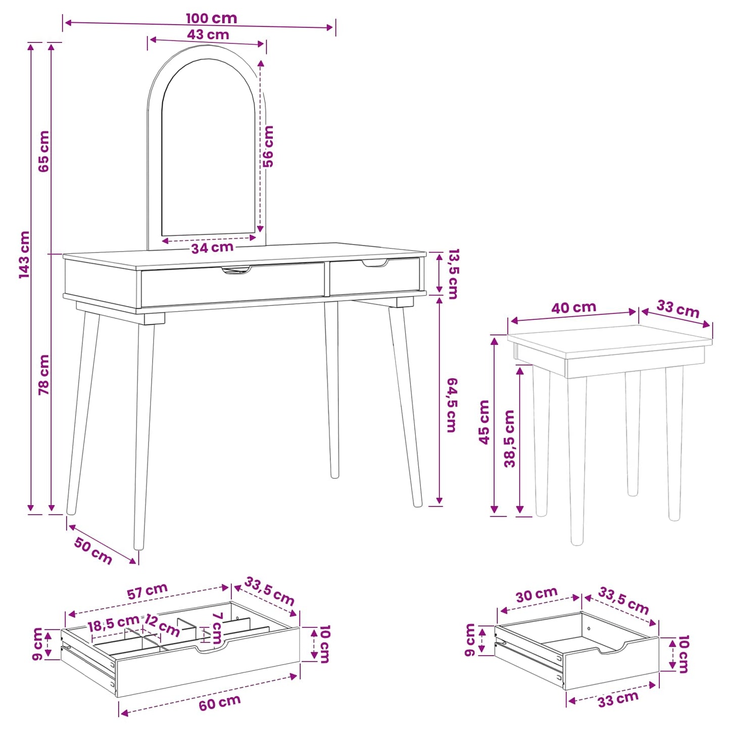 Toilettafel Set FAUSKE 3 pcs Wit 100 x 50 x 143 cm