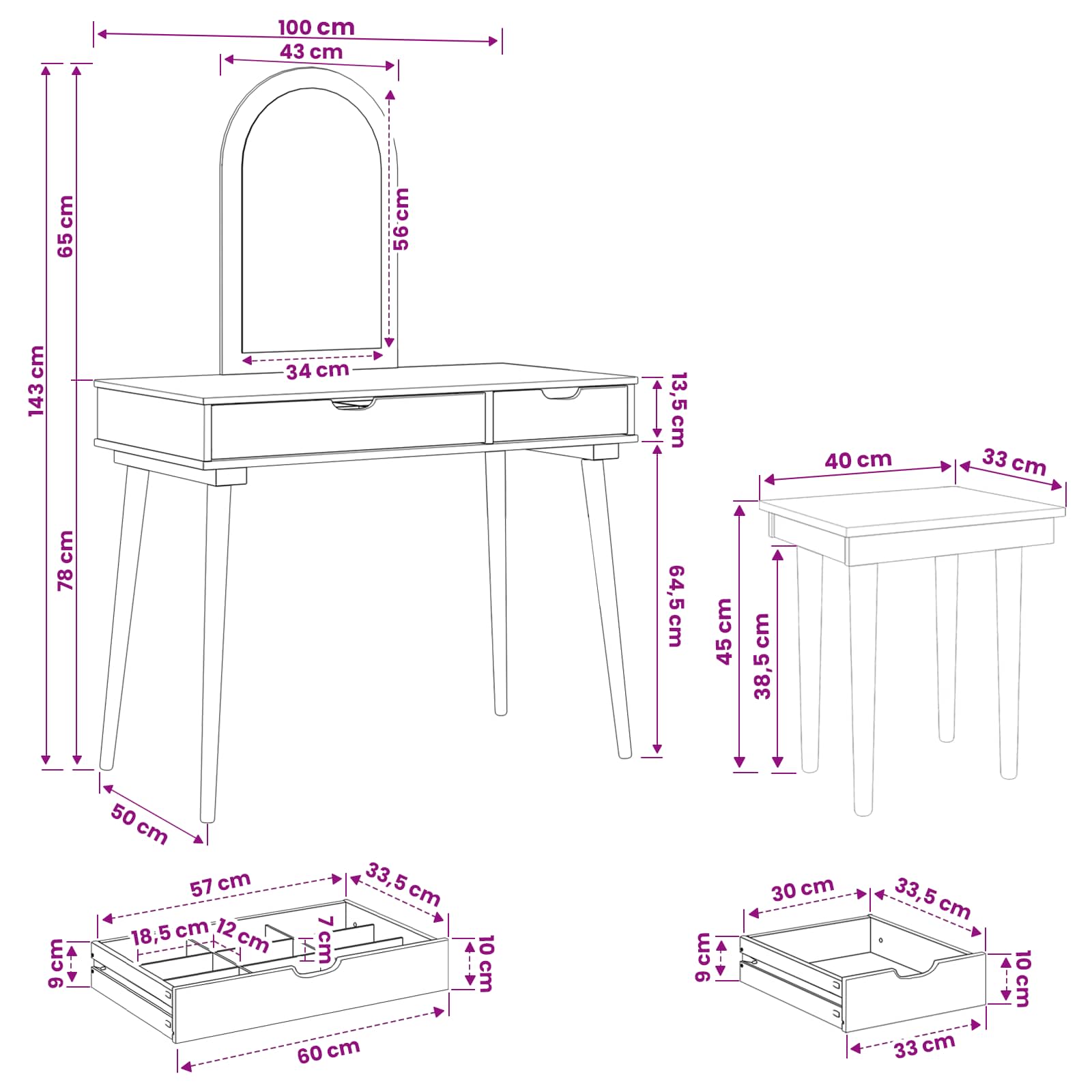 Toilettafel Set FAUSKE 3 pcs Wit 100 x 50 x 143 cm
