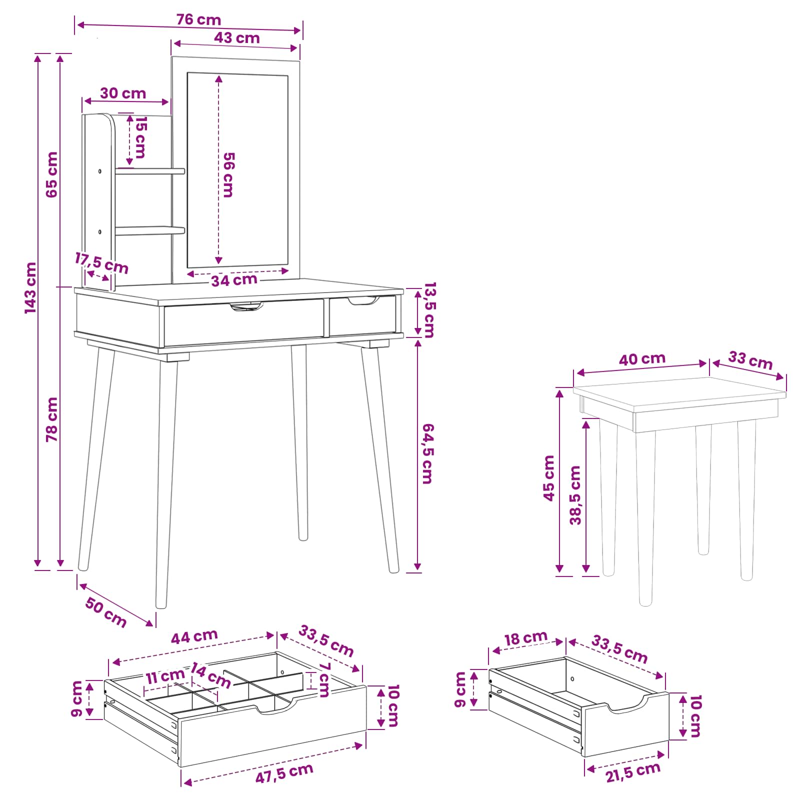 Toilettafel Set FAUSKE 4 pcs Wit 76 x 50 x 143 cm