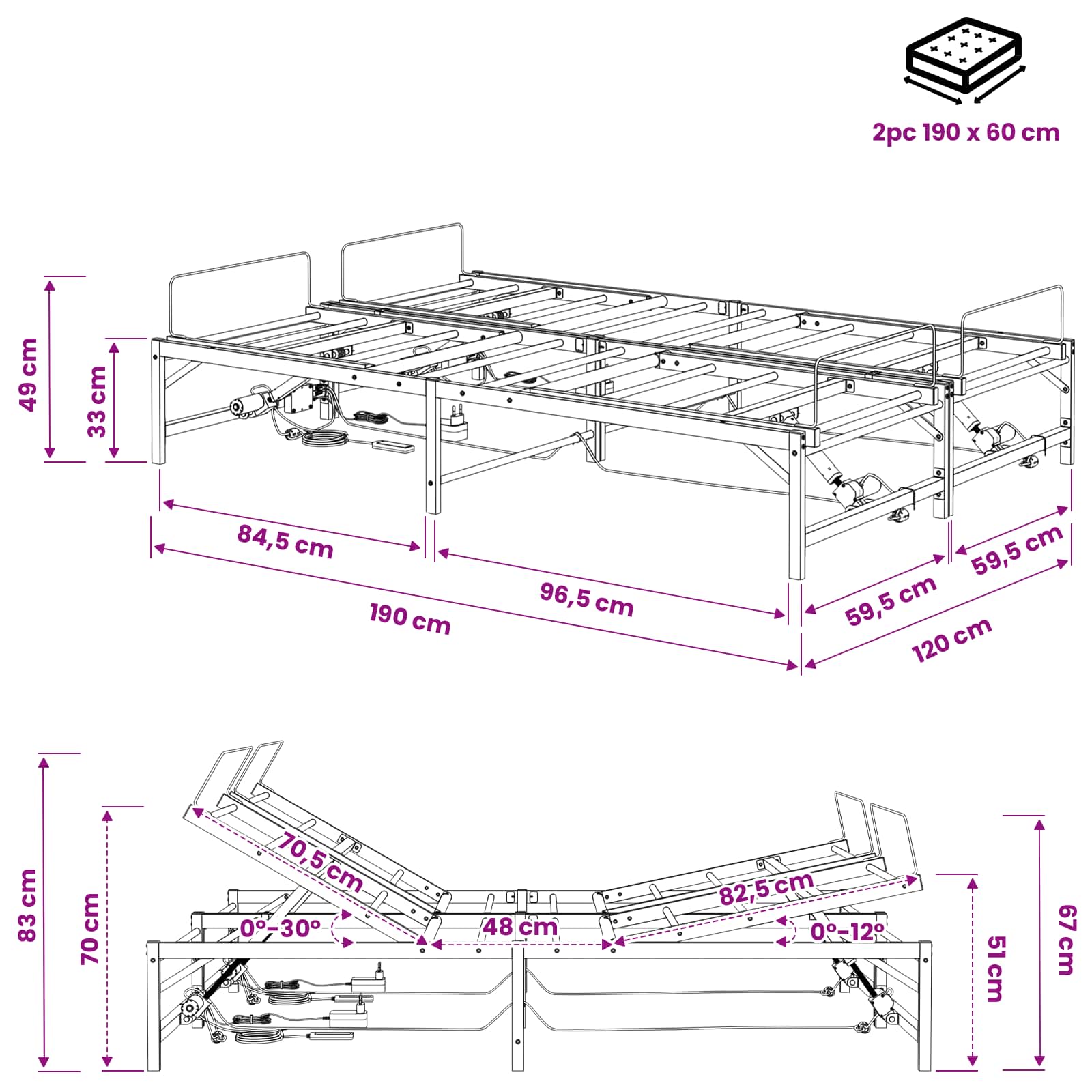 Elektrisch Verstelbaar Bedframe Wit 120 x 190 cm Staal