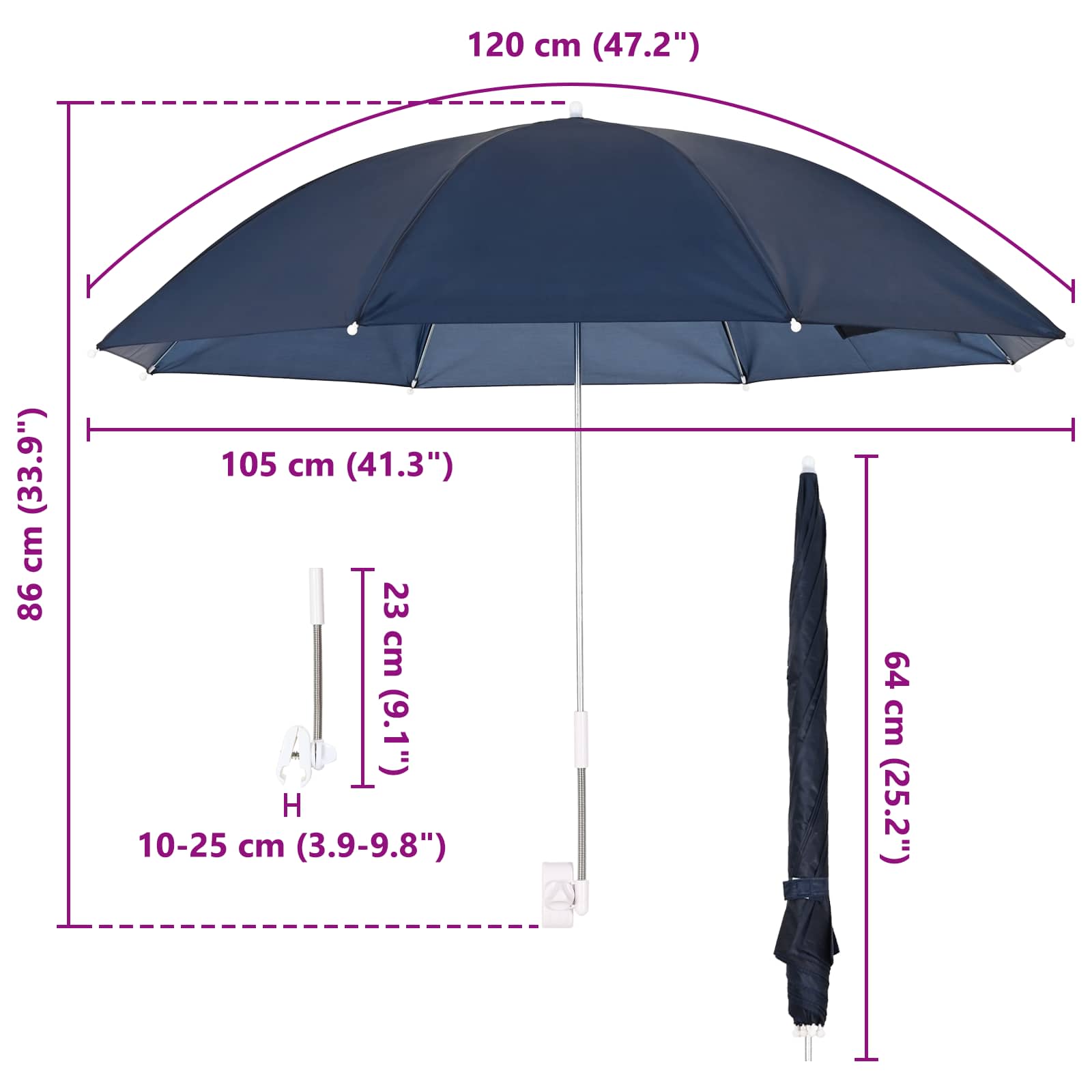 Parasol met klem 2 pcs Marineblauw Ø 105 x 86 cm 170T polyester