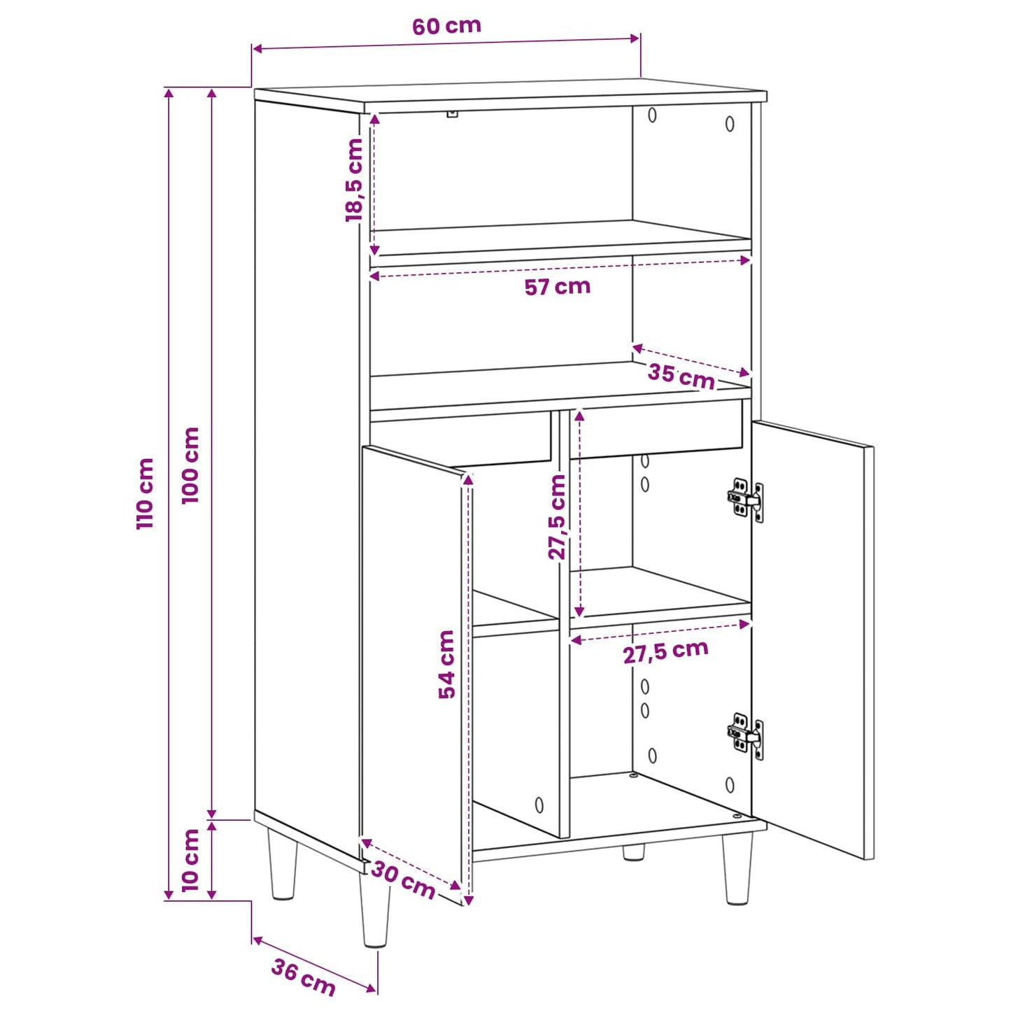 Hoge kast Zwart eiken 60 x 36 x 110 cm Bewerkt hout