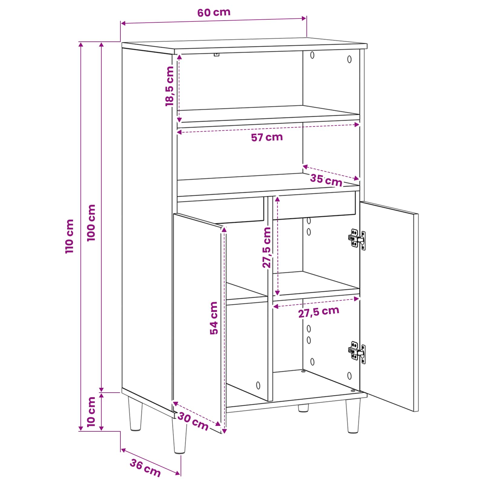 Hoge kast Zwart eiken 60 x 36 x 110 cm Bewerkt hout