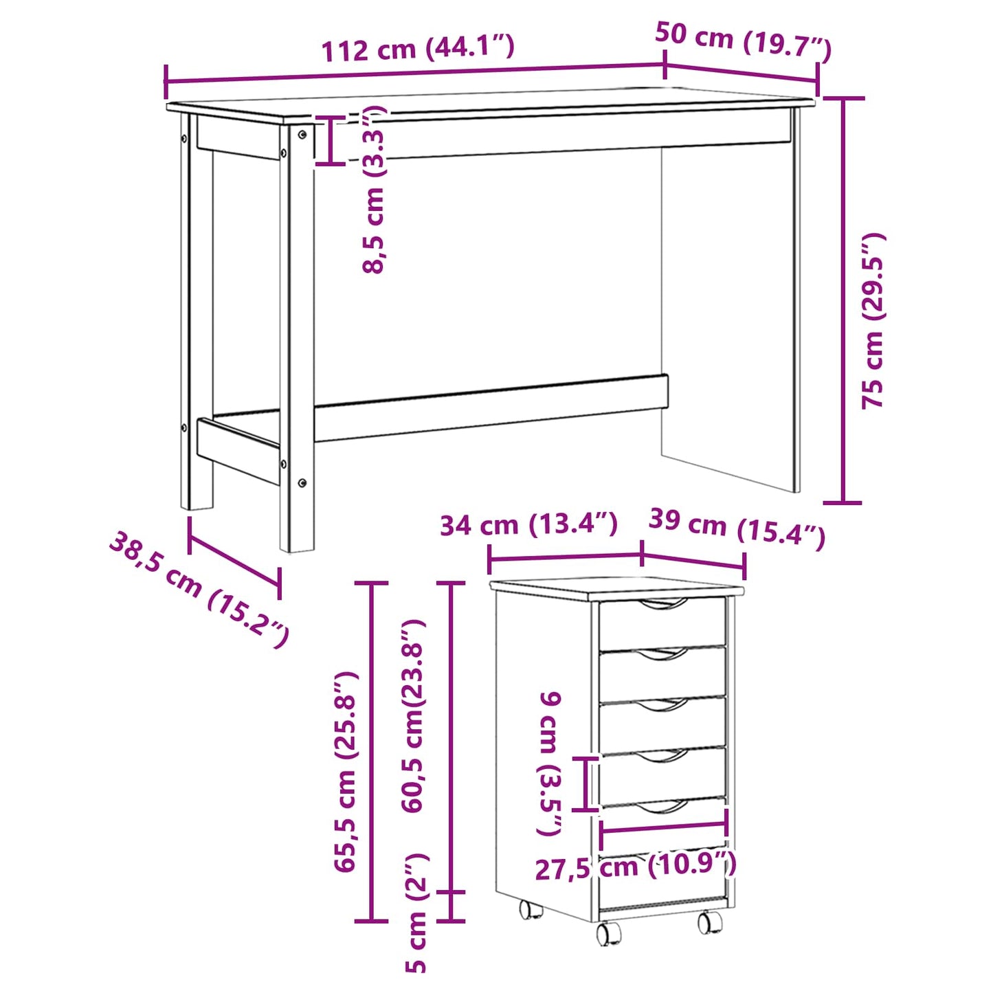 Bureau en rollende kast set MOSS 2 pcs Zwart