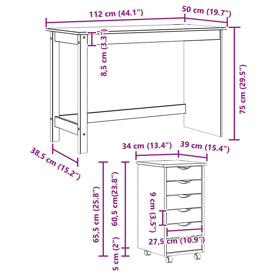 Bureau en rollende kast set MOSS 2 pcs Zwart
