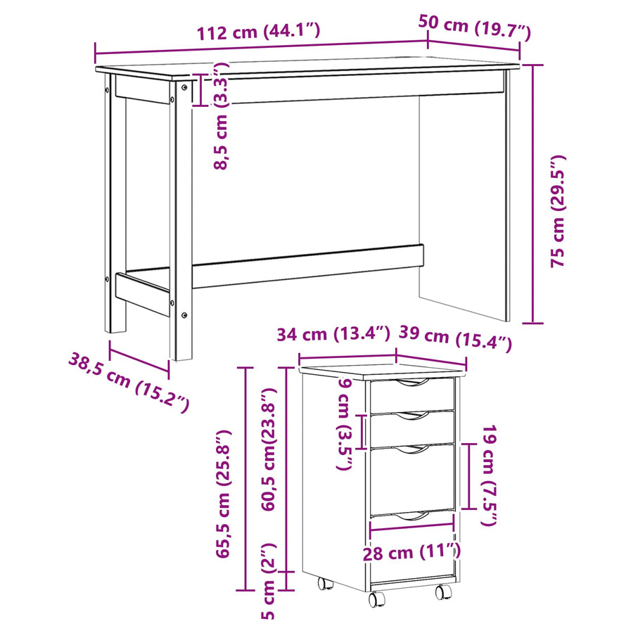 Bureau en rollende kast set MOSS 2 pcs Bruin