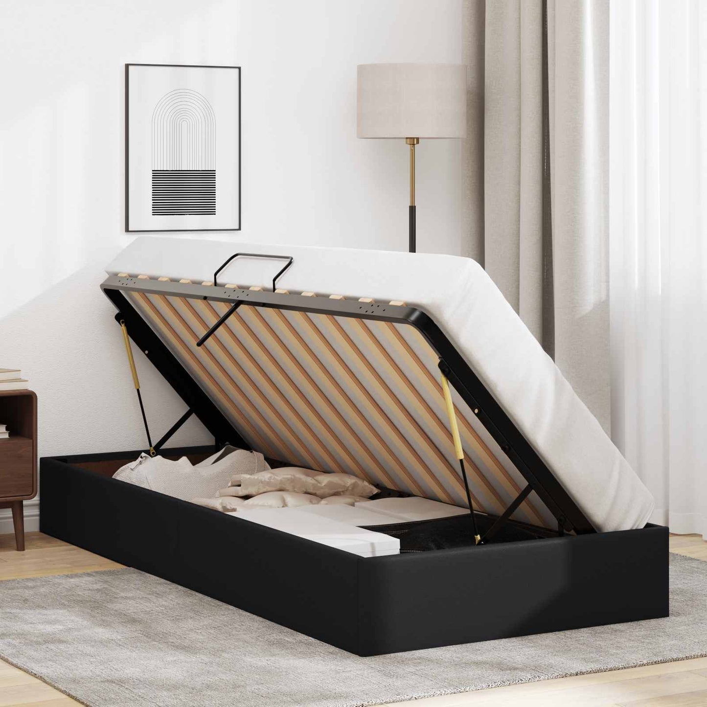 Ottoman Bedframe met opslag Zwart 90 x 190 cm Nep Leer