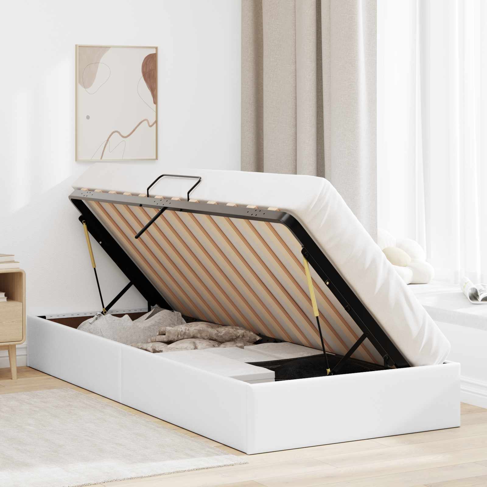 Ottoman Bedframe met opslag Puur Wit 90 x 200 cm Nep Leer