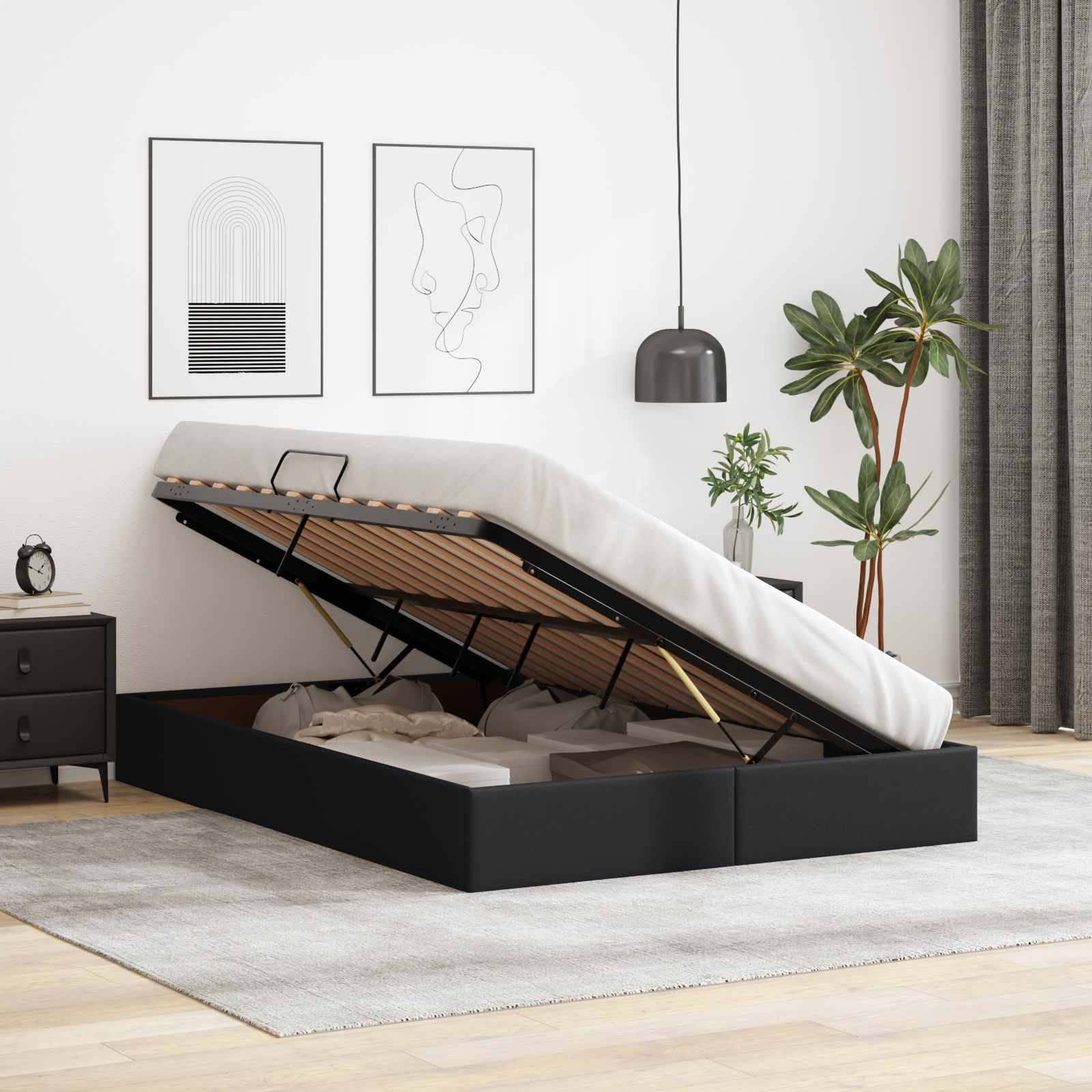 Ottoman Bedframe met opslag Zwart 140 x 200 cm Nep Leer