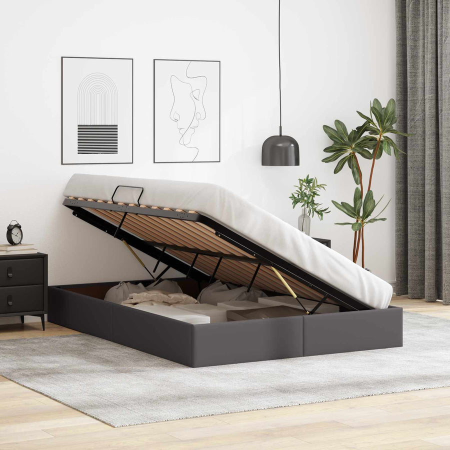 Ottoman Bedframe met opslag Grijs 140 x 200 cm Nep Leer