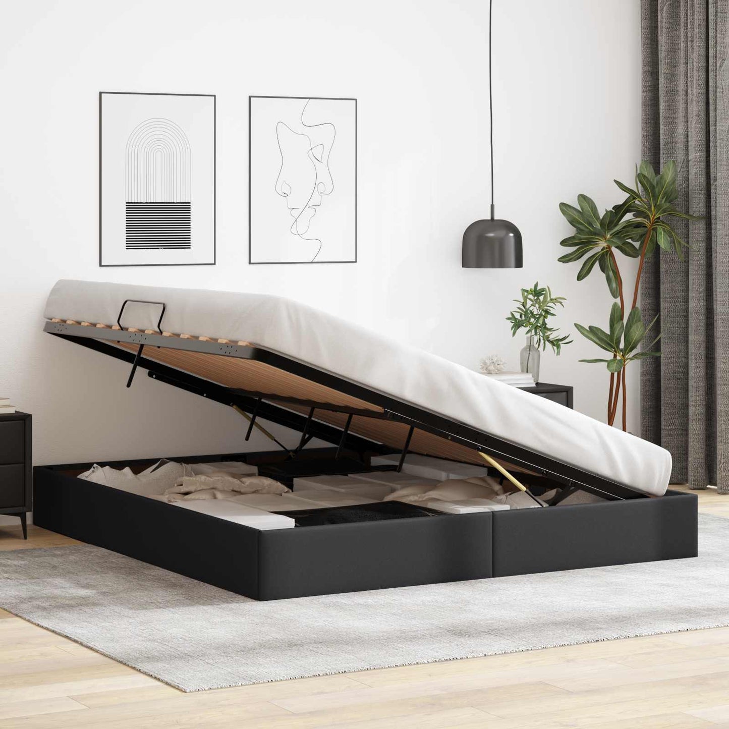 Ottoman Bedframe met opslag Zwart 180 x 200 cm Nep Leer