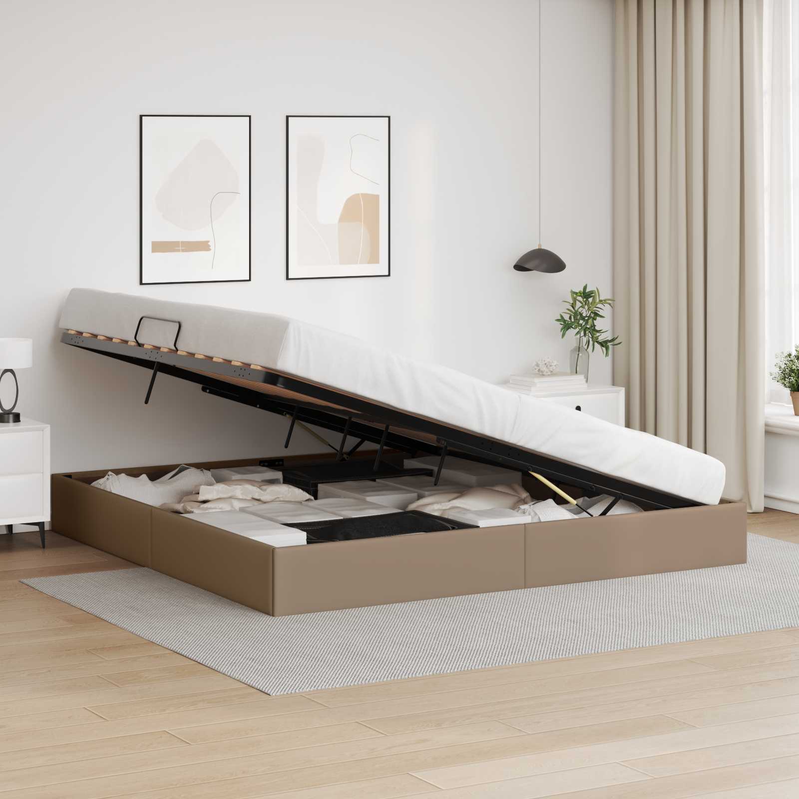 Ottoman Bedframe met opslag Cappuccino 200 x 200 cm Nep Leer