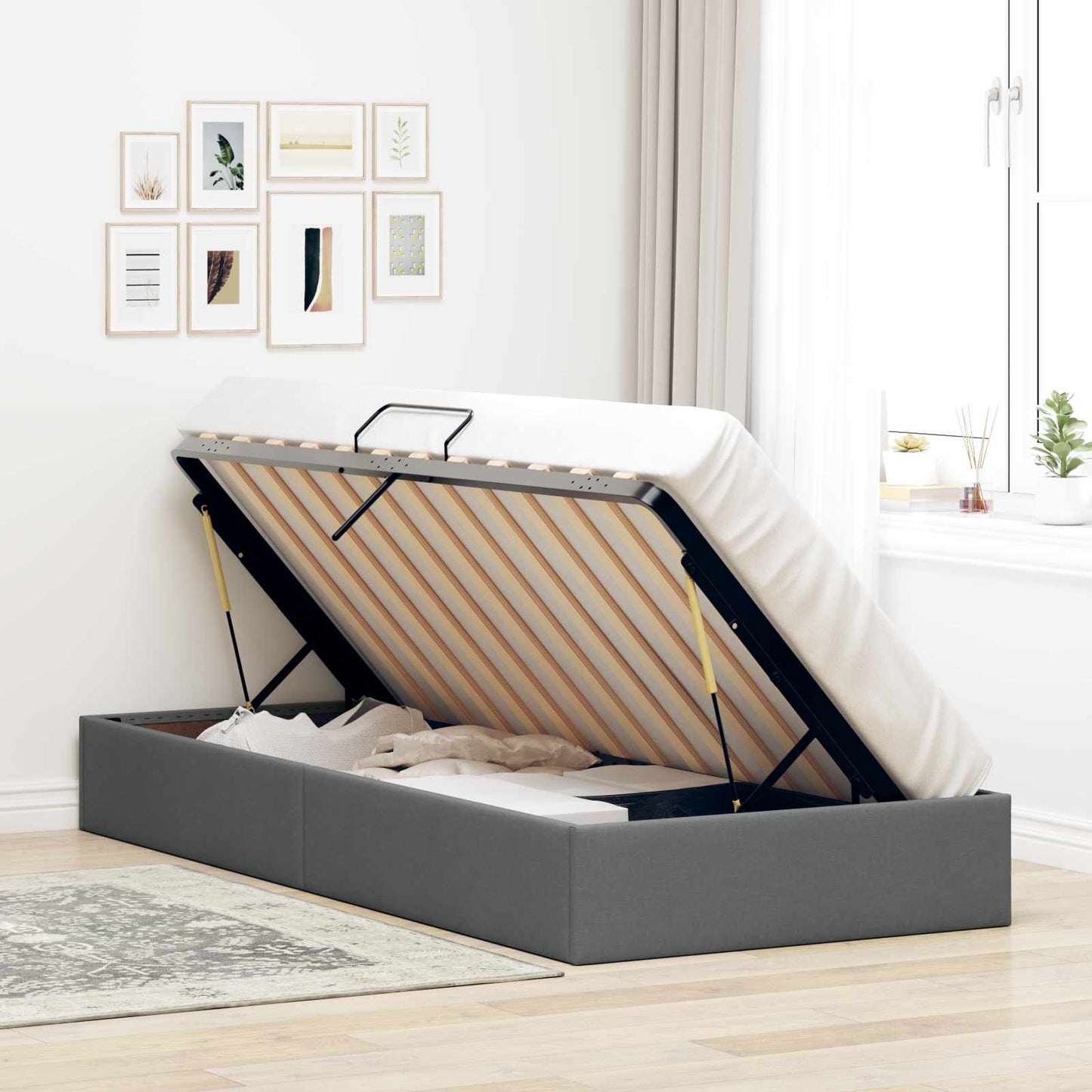 Ottoman Bedframe met opslag Donkergrijs 90 x 190 cm Stof