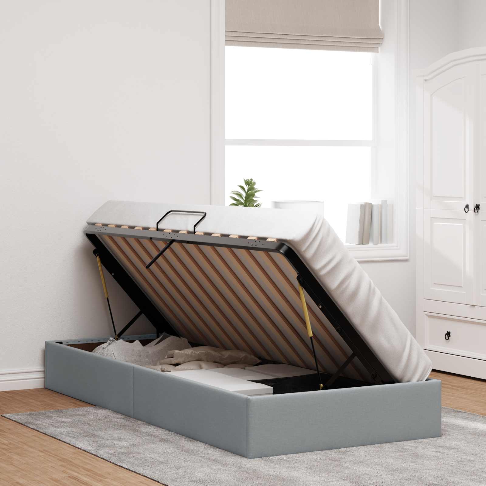 Ottoman Bedframe met opslag Lichtgrijs 90 x 200 cm Stof