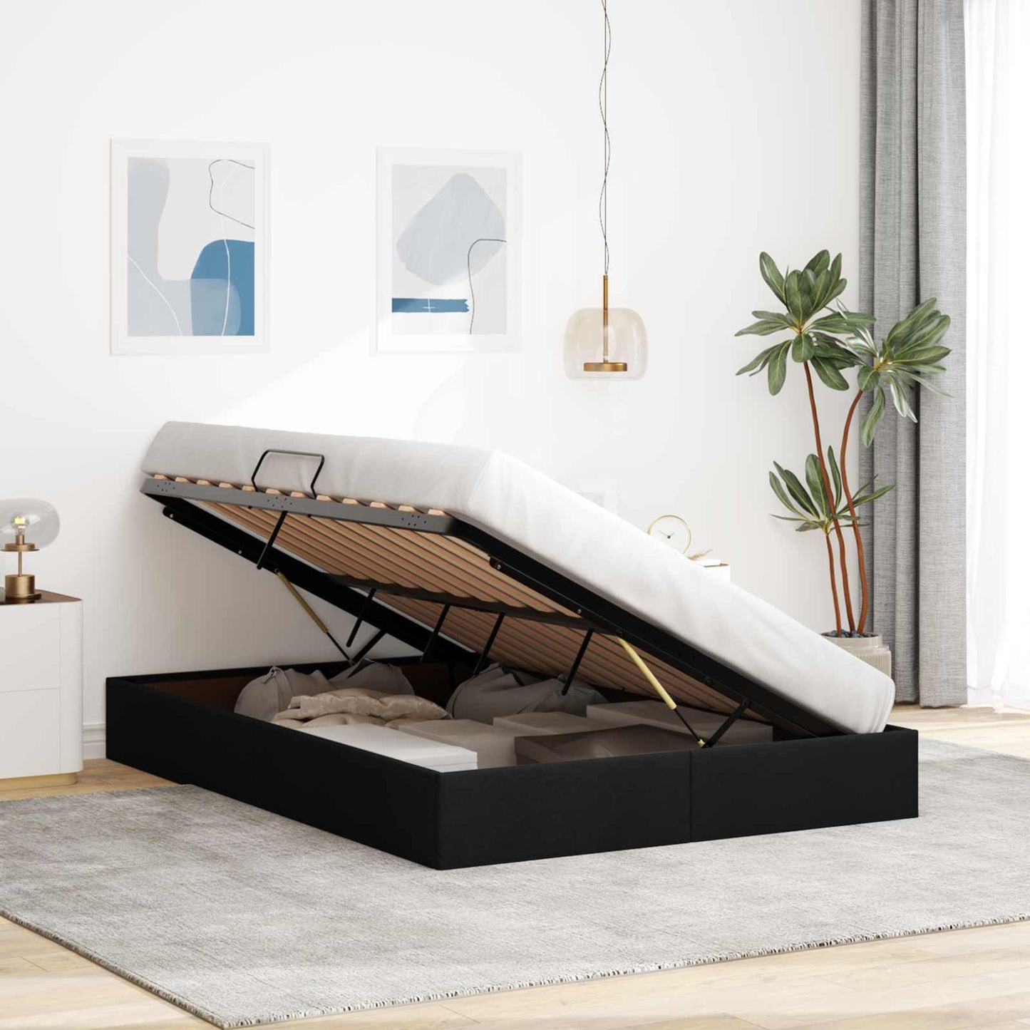 Ottoman Bedframe met opslag Zwart 140 x 190 cm Stof
