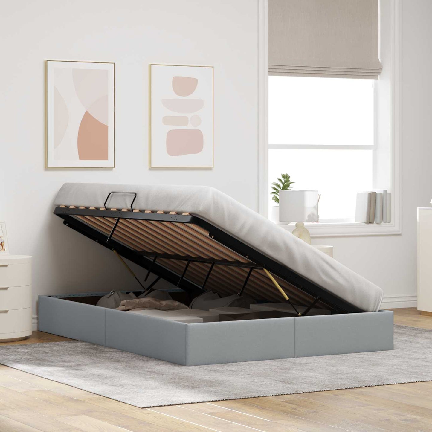 Ottoman Bedframe met opslag Lichtgrijs 140 x 200 cm Stof