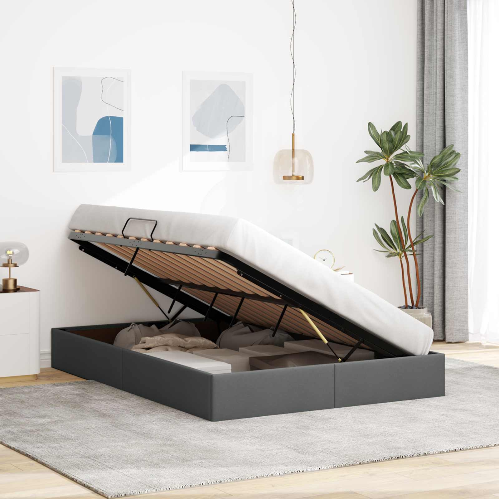 Ottoman Bedframe met opslag Donkergrijs 140 x 200 cm Stof
