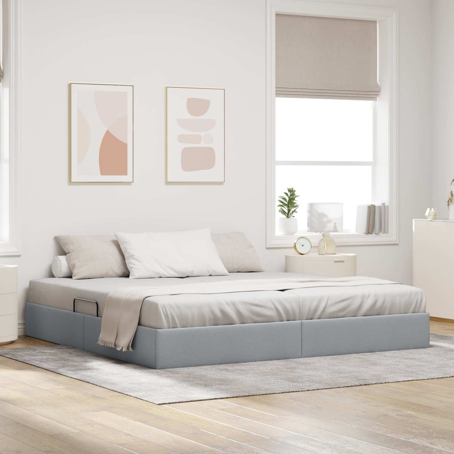Ottoman Bedframe met opslag Lichtgrijs 200 x 200 cm Stof
