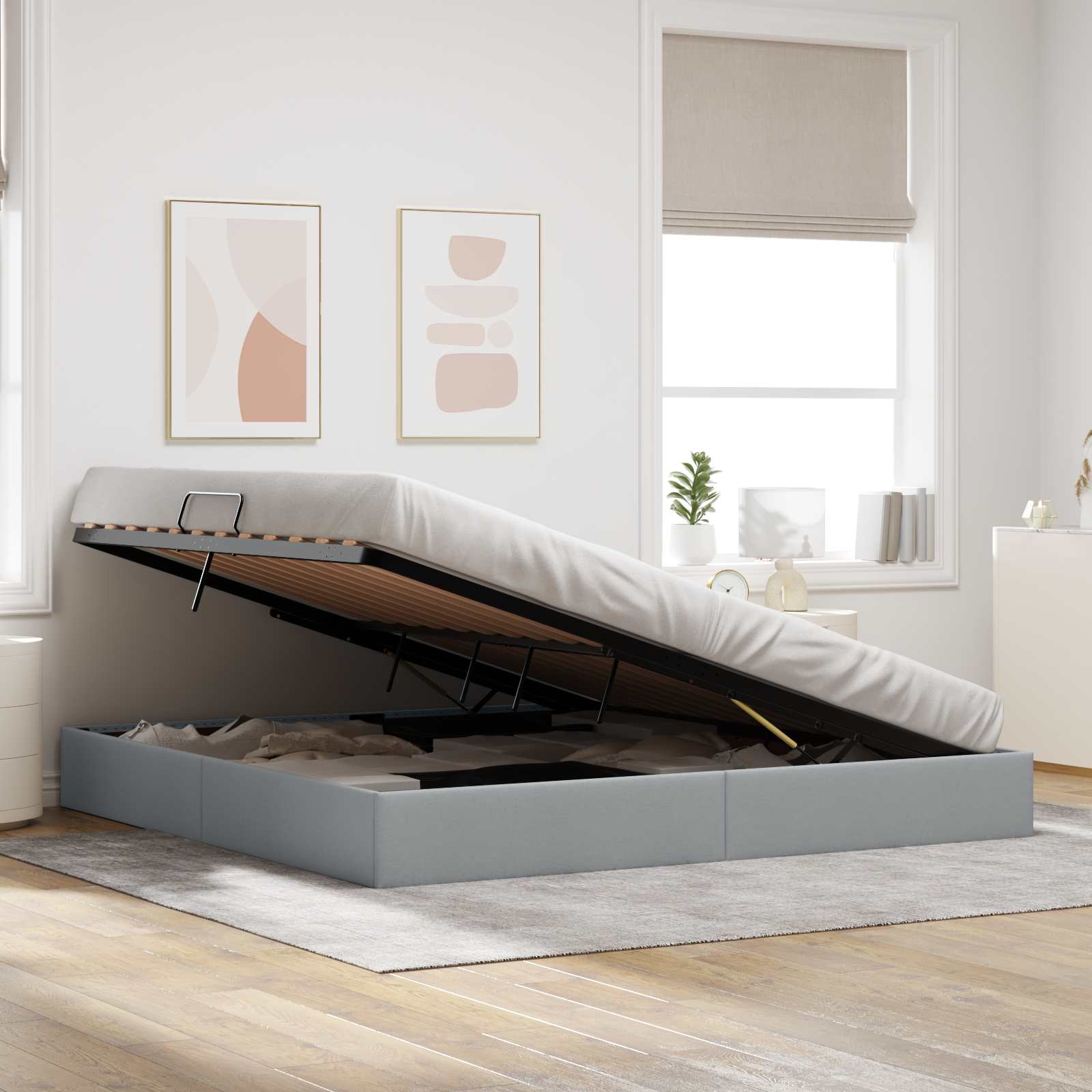 Ottoman Bedframe met opslag Lichtgrijs 200 x 200 cm Stof