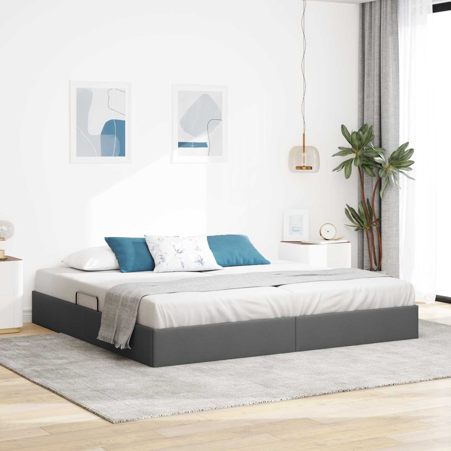 Ottoman Bedframe met opslag Donkergrijs 200 x 200 cm Stof