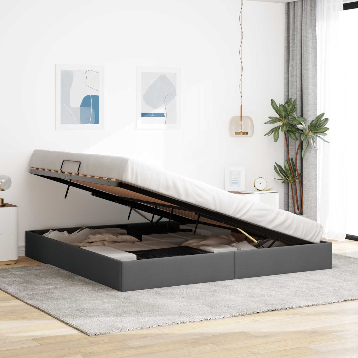 Ottoman Bedframe met opslag Donkergrijs 200 x 200 cm Stof