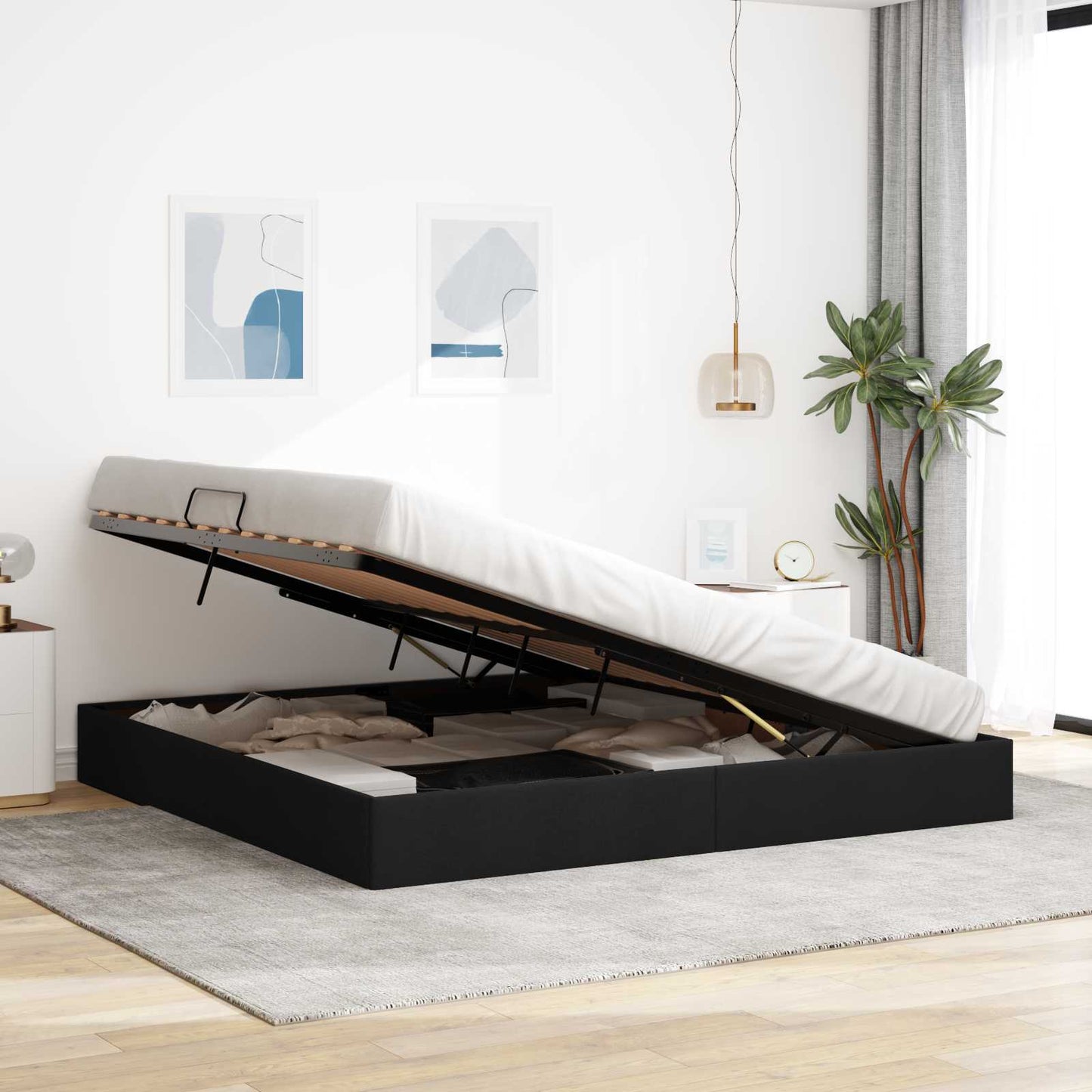 Ottoman Bedframe met opslag Zwart 200 x 200 cm Stof
