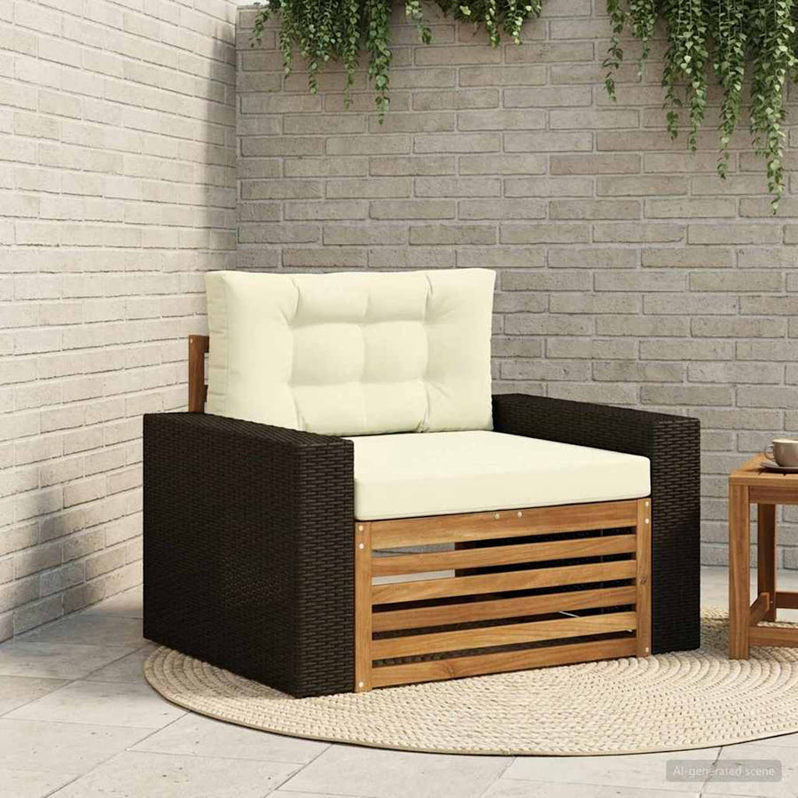 Buiten Midden Sofa Massief Acaciahout Naturel Metalen frame met zwart riet