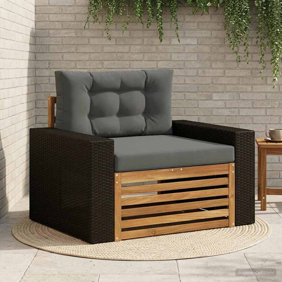Buiten Midden Sofa Massief Acaciahout Naturel Metalen frame met zwart riet
