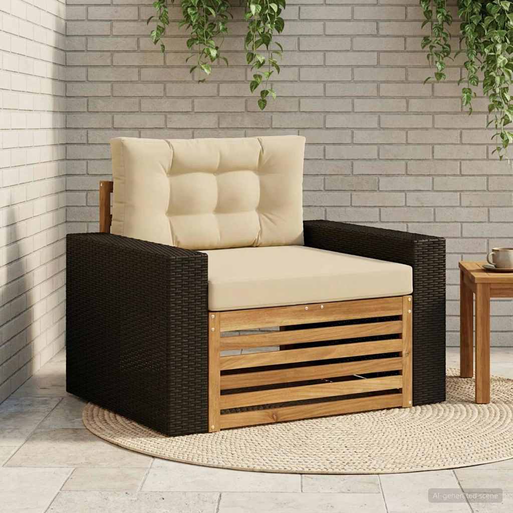 Buiten Midden Sofa Massief Acaciahout Naturel Metalen frame met zwart riet