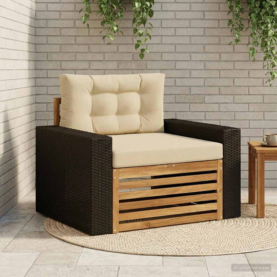 Buiten Midden Sofa Massief Acaciahout Naturel Metalen frame met zwart riet
