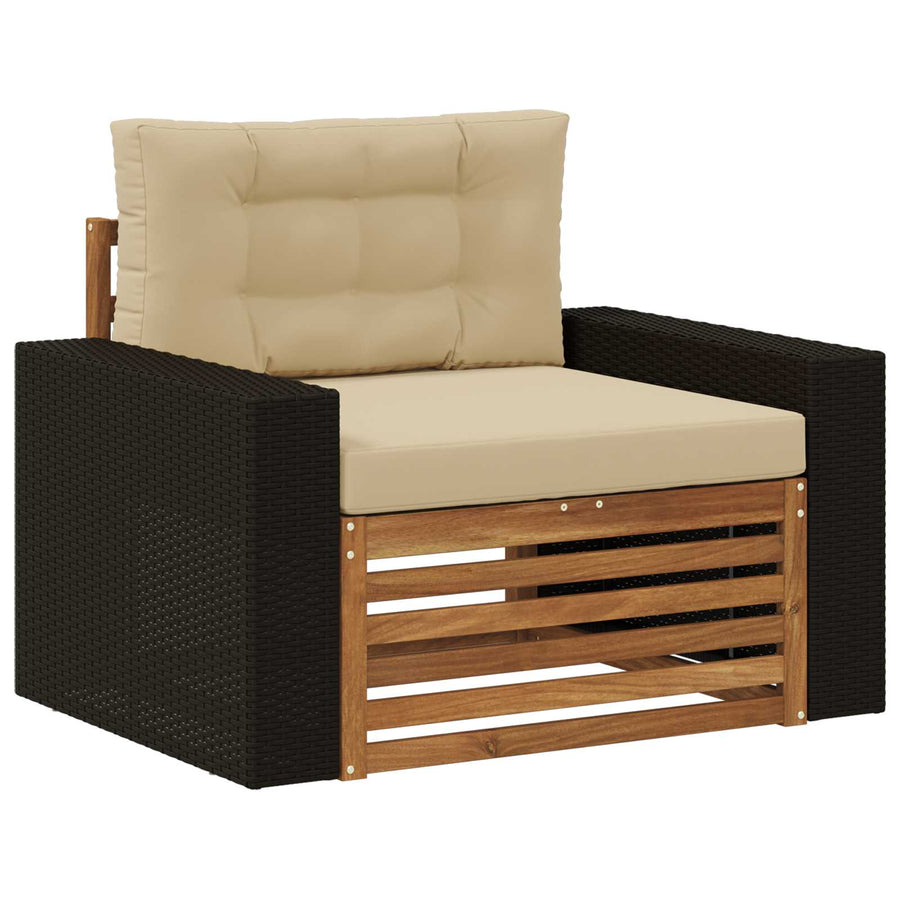 Buiten Midden Sofa Massief Acaciahout Naturel Metalen frame met zwart riet