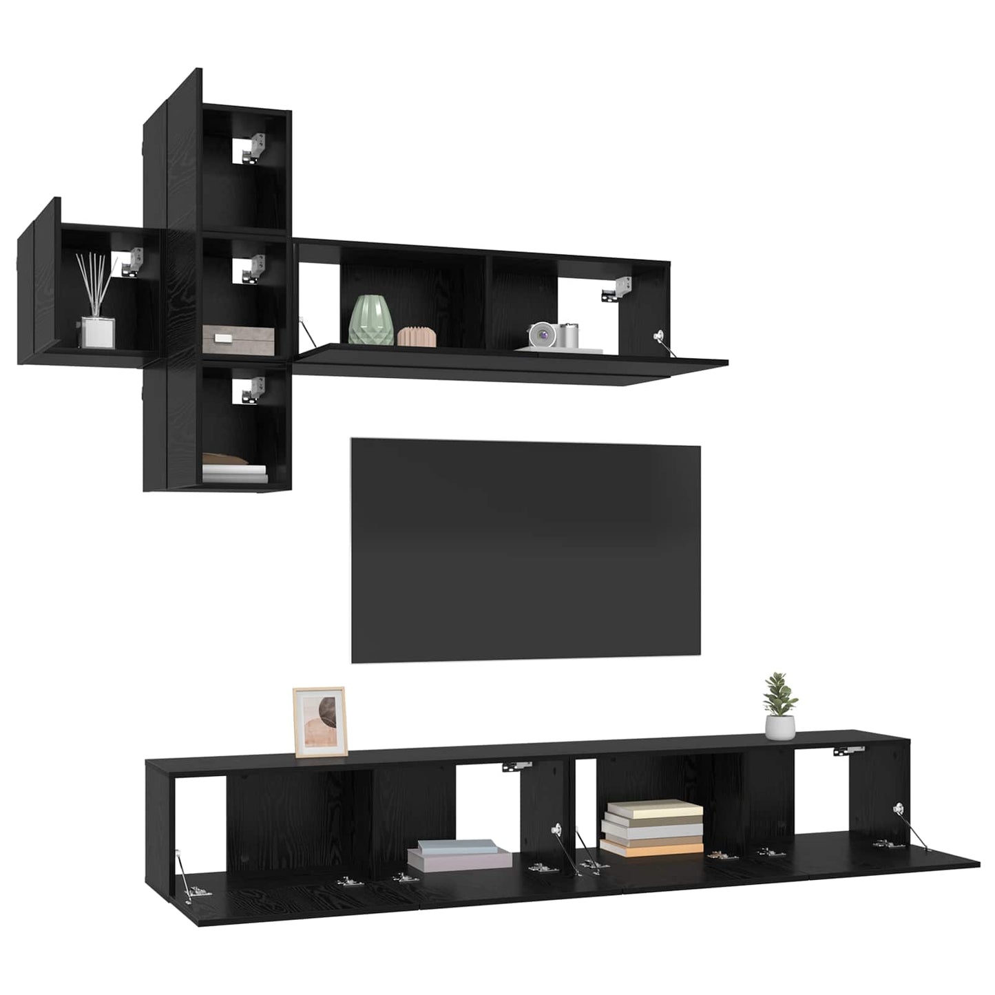 Tv-meubelset Wandgemonteerd 7-delig Zwart eiken Bewerkt hout