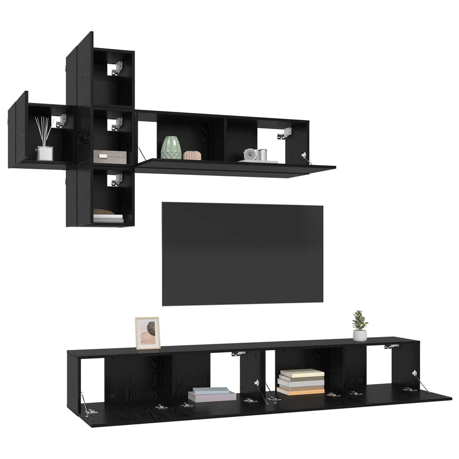 Tv-meubelset Wandgemonteerd 7-delig Zwart eiken Bewerkt hout