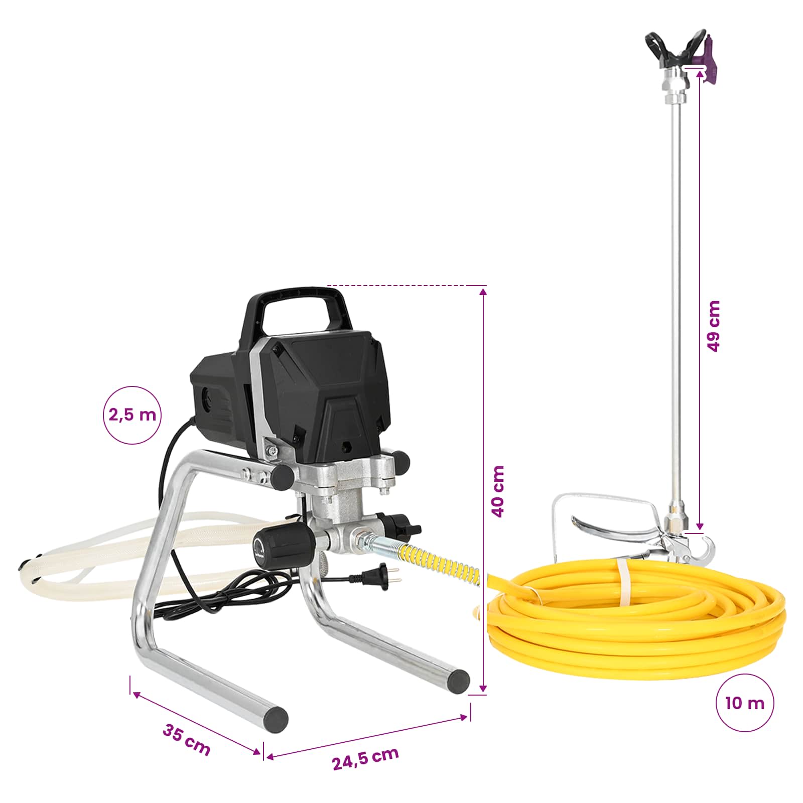 Airless Verfspuit 10 m spuitslang 220V 2L/min 227 bar Zwart