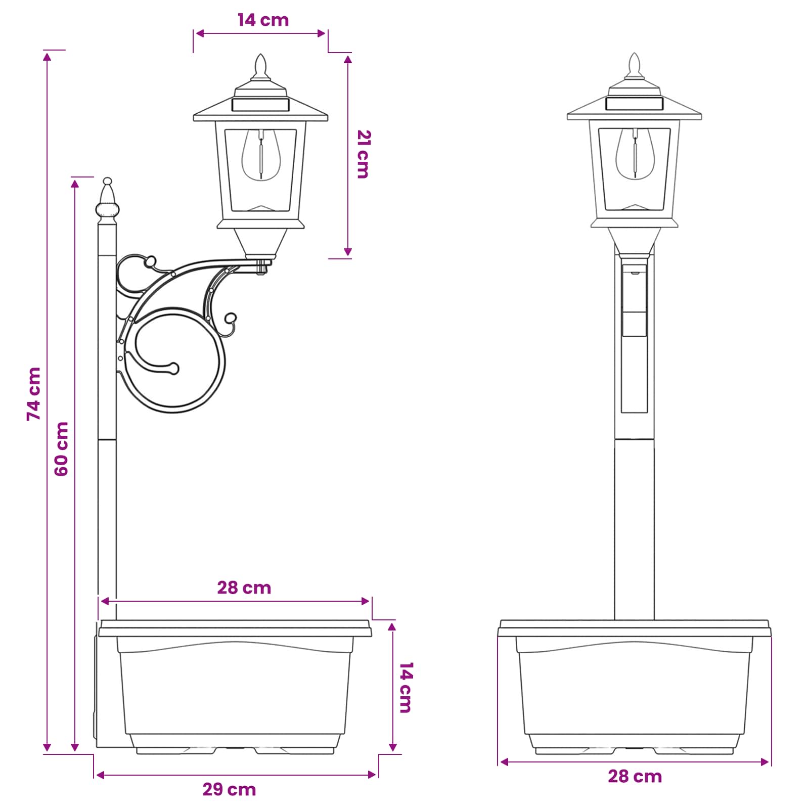 Bollard Light met Plantenbak Zwart 29 x 28 x 74 cm ABS en PP