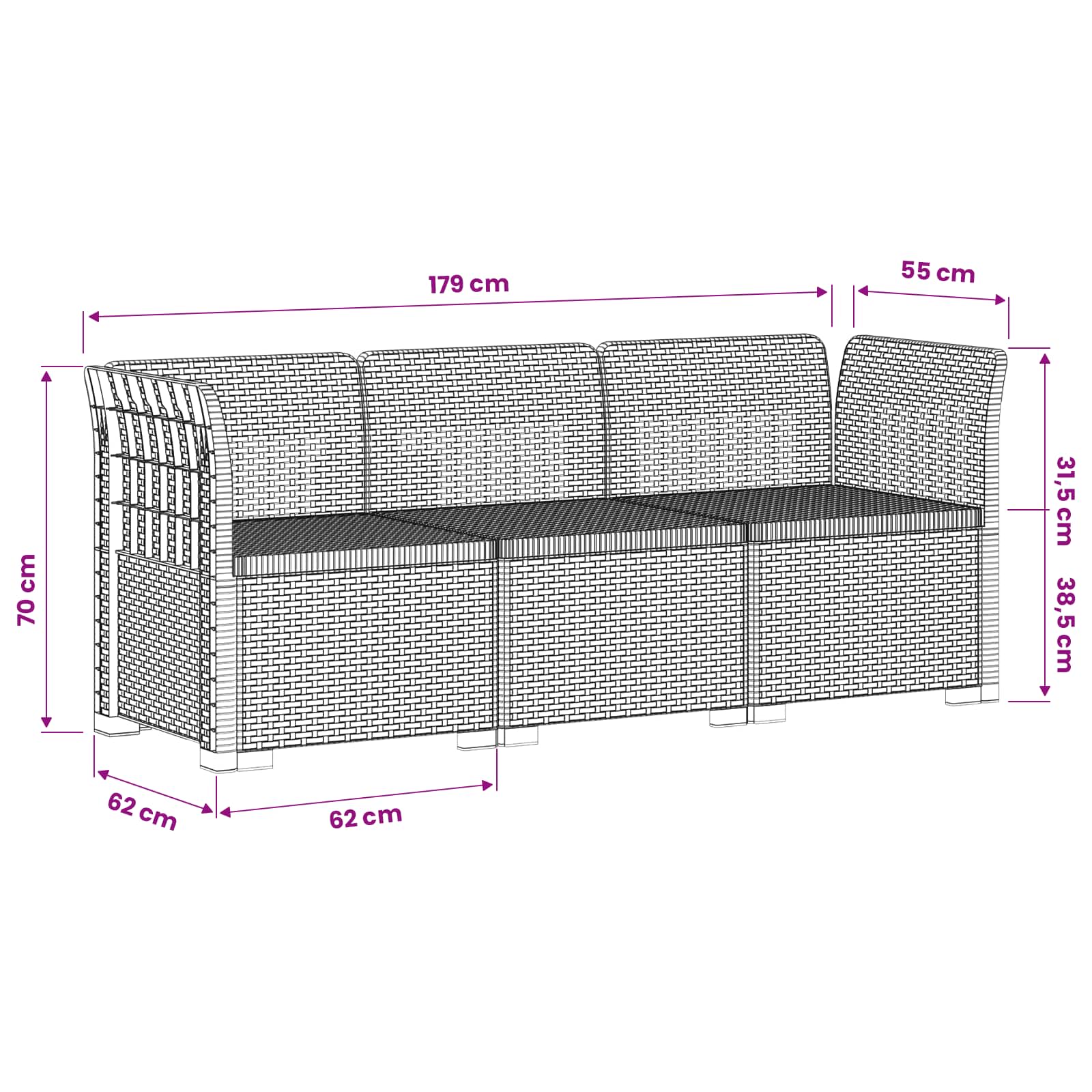 3-Zits Tuin Sofa Rattan Look PP Wit