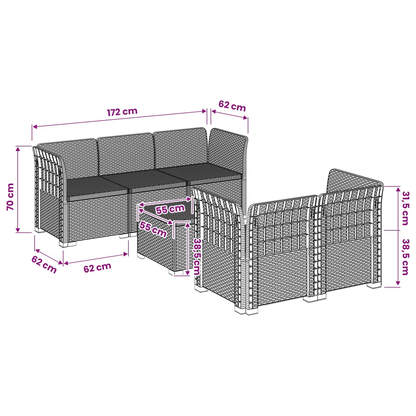 5-Zits Tuin Sofa Rattan Look PP Antraciet