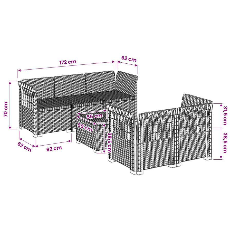 5-Zits Tuin Sofa Rattan Look PP Antraciet